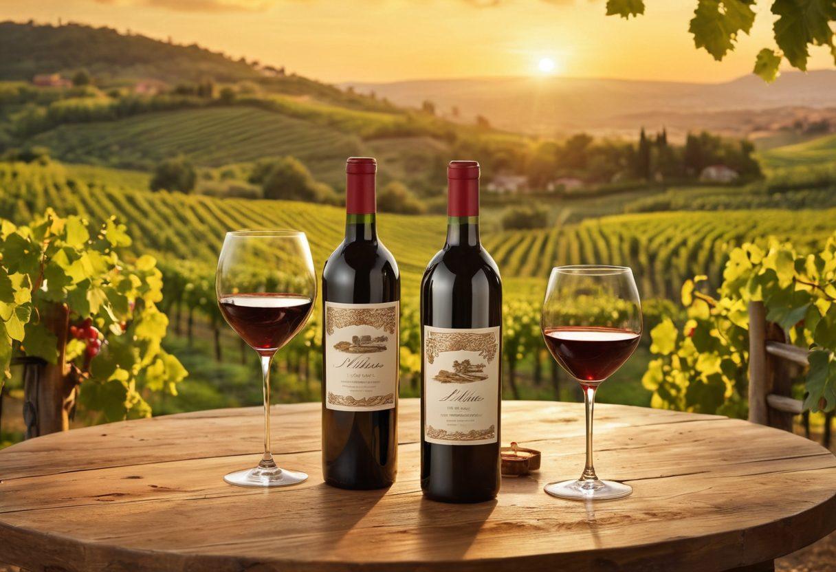 A luxurious wooden table set in a vineyard, adorned with elegant wine glasses filled with red and white wines, surrounded by grapevines under a golden sunset. A wine bottle with a label featuring intricate designs sits prominently, reflecting the artistry of wine-making. In the background, a scenic view of rolling hills creates an inviting atmosphere for wine enthusiasts. hyper-realistic. warm tones. natural lighting.