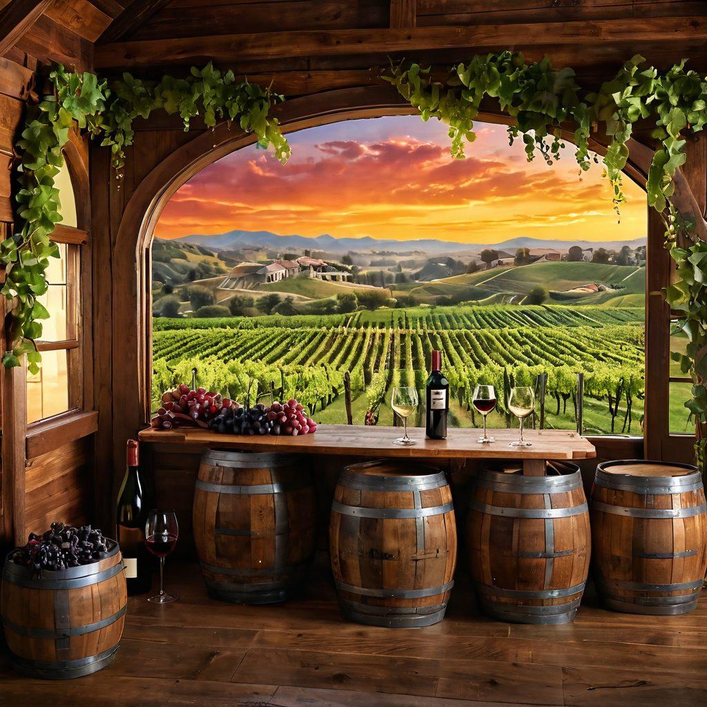 A lavish vineyard landscape with lush grapevines under a golden sunset, accented by a rustic wooden wine barrel and delicate wine glasses filled with deep red wine. In the background, an elegant tasting room with oak walls showcases maps of renowned wine regions. Add an air of sophistication with rolling hills and a quaint winery. super-realistic. vibrant colors. 3D.
