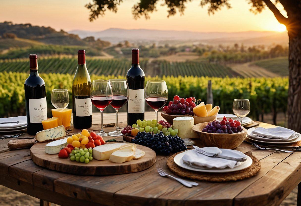 A rustic wooden table set for an elegant wine tasting event, featuring an assortment of wine glasses, a variety of wines in exquisite bottles, paired with gourmet cheeses, fruits, and artisan bread. Soft, ambient lighting casts a warm glow, highlighting the details of the table setting. A backdrop of a vineyard at sunset adds an enchanting atmosphere. super-realistic. vibrant colors. warm tones.